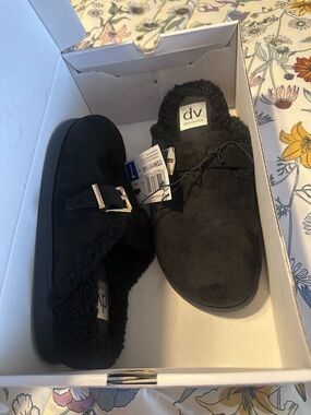 DV by Dolce Vita Black Faux Suede Shearling Slip-On Clogs with Buckle